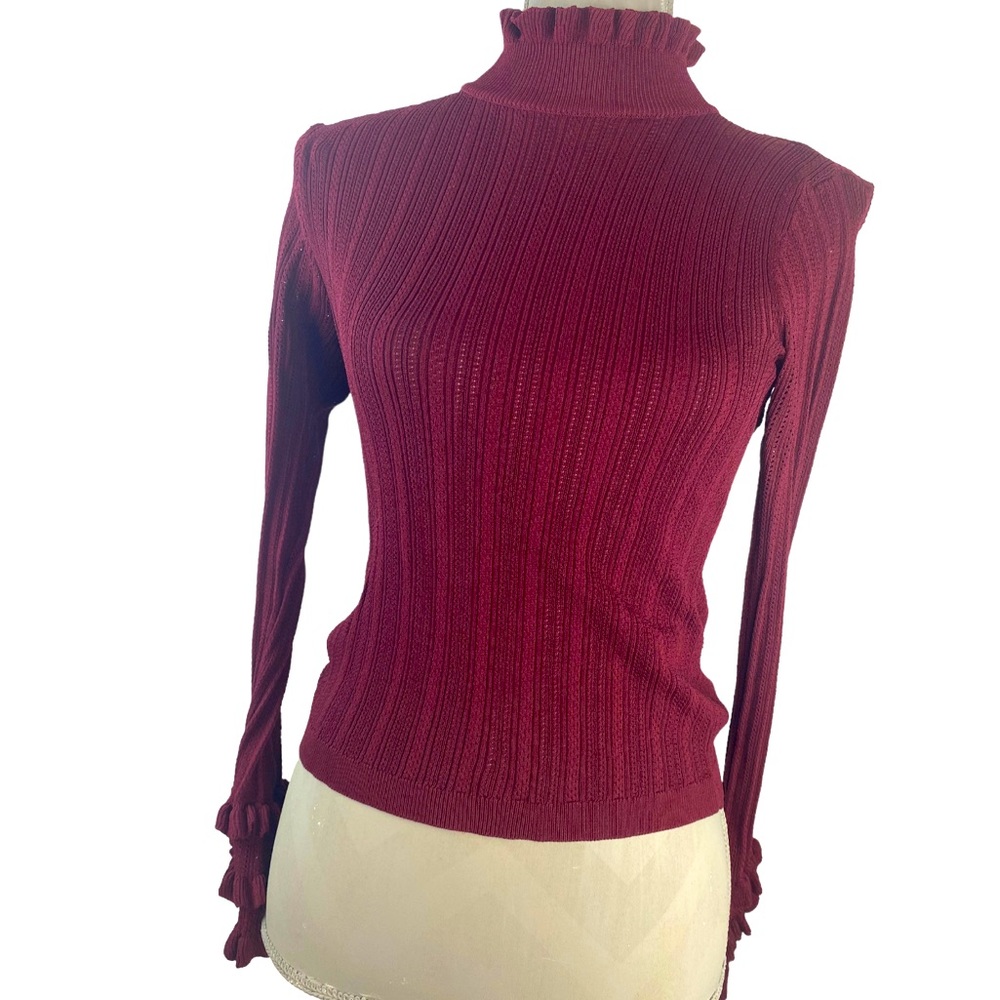 Zara Turtle Neck Ruffle Collar and Sleeves Size Small Wine
